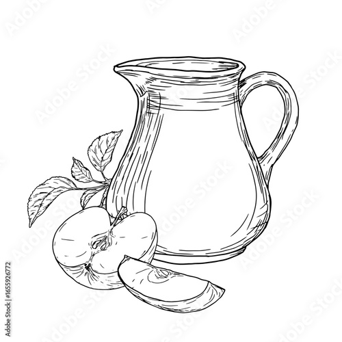 A jug of apple juice and ripe apples, a black and white sketch. Vector illustration. Ripe fruit sliced into slices and healthy drink isolated on white background. The theme of autumn, harvest and diet