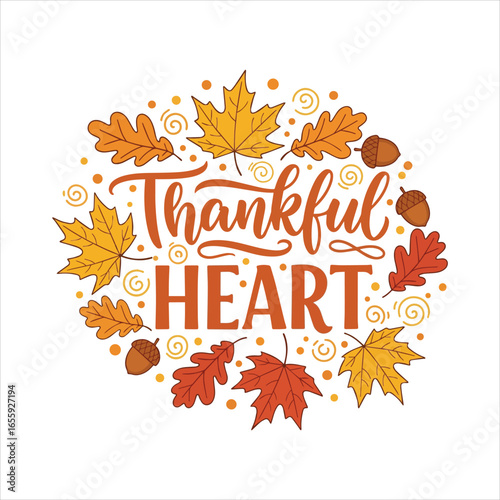 Autumn leaves and acorns surround the words thankful heart