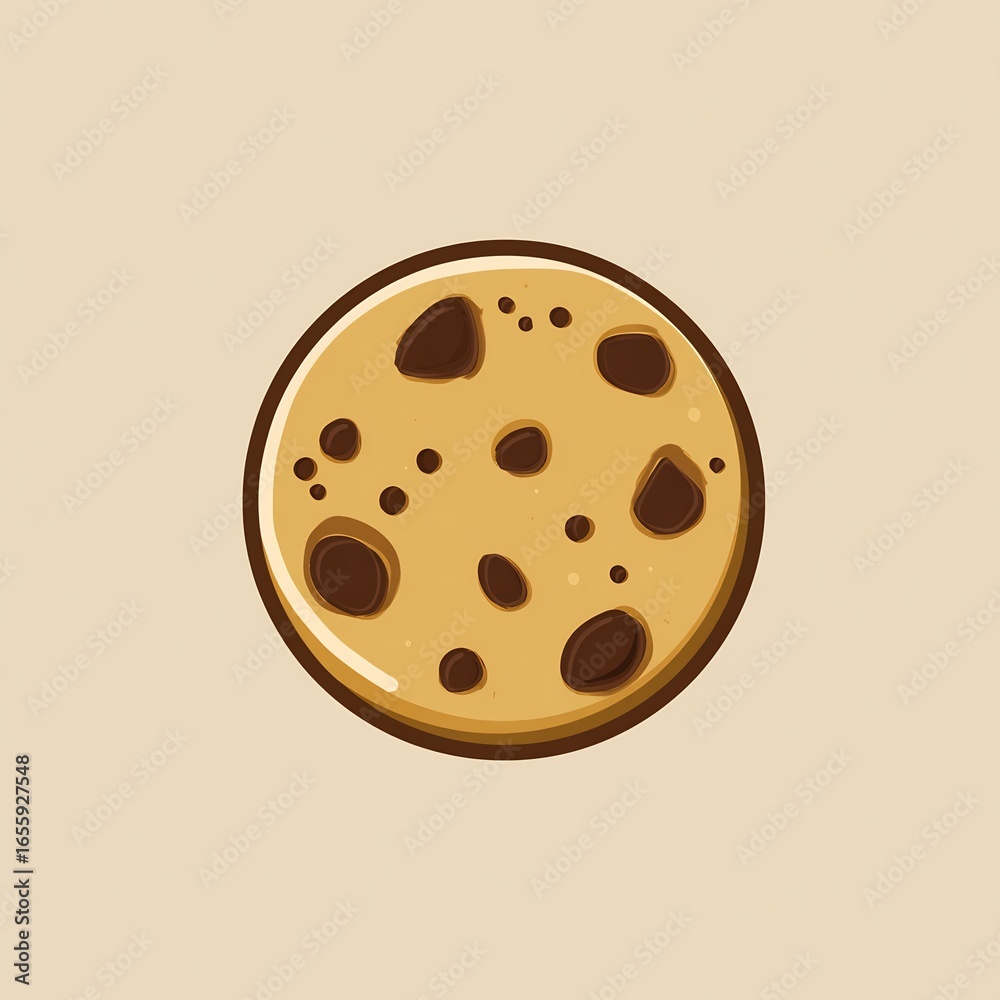 Fototapeta premium Flat illustration of cookie with chocolate chips bold outlines no shadows bakery brown palette centered composition