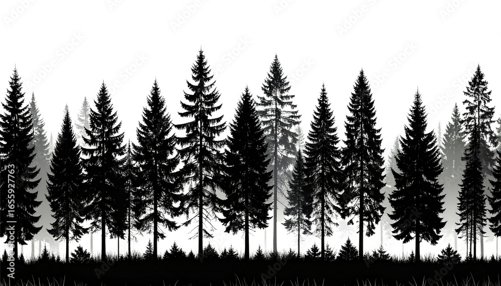Obraz premium Lush pine trees stand on a white background.