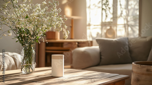 Front view of a product placed on a working table in a living room during midday. 