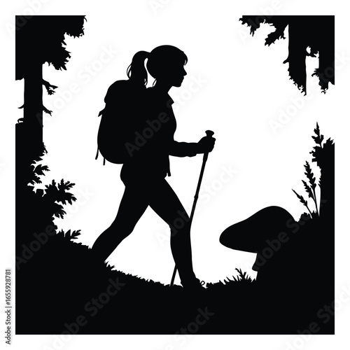 Silhouette of a woman hiking with a backpack and trekking pole