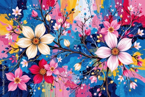 Vivid Floral Arrangement with Cherry Blossoms and Peonies Against Rich