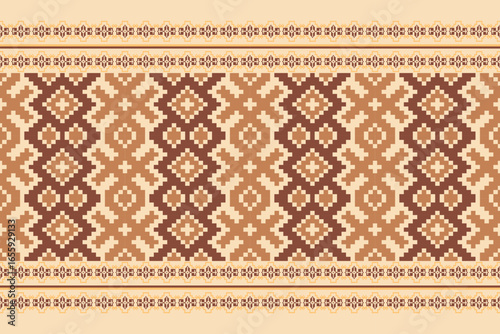 Caramel mocha tone pixel art textile seamless pattern with ethnic geometric motifs, ideal for fabric prints, wallpapers, and digital backgrounds.