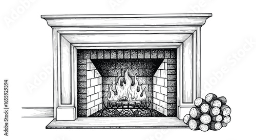 Hand-Drawn Fireplace with Burning Fire and Wood Logs Black and White Illustration