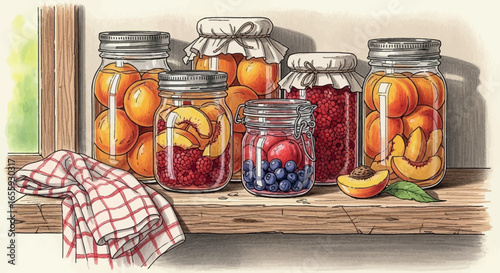 Watercolor Illustration of Homemade Fruit Preserves in Jars on a Rustic Shelf