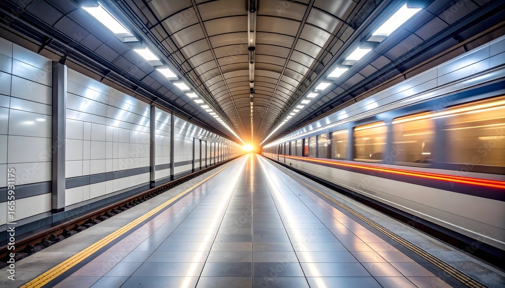 Estación de metro futurista con tren en movimiento y luz intensa al final del túnel Estación de metro futurista con tren en movimiento y luz intensa al final del túnel