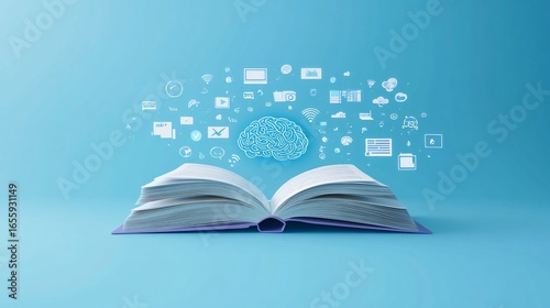 Rendered image of an open book with digital icons floating above a brain illustration, representing learning and knowledge