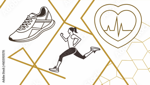 Running shoes and heart health vector art for fitness and wellness activities and exercises to stay healthy