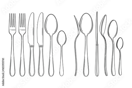 Elegantly Arranged Silverware: Fork, Knife, and Spoons in Minimalist Style Drawing