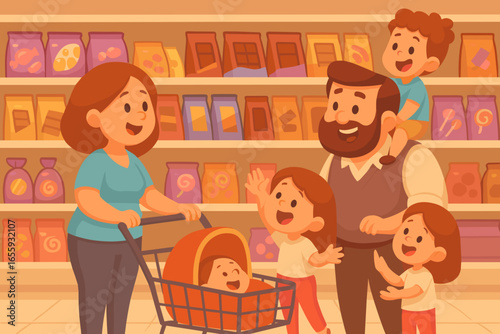 Parents with kids in the candy and chocolate aisle; children asking for sweets. Bright flat vector scene for retail promos and parenting articles