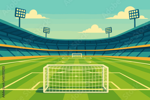 Modern football stadium in flat style with green pitch, center line and two goals placed opposite each other. Ideal background for sport posters, ads and UI