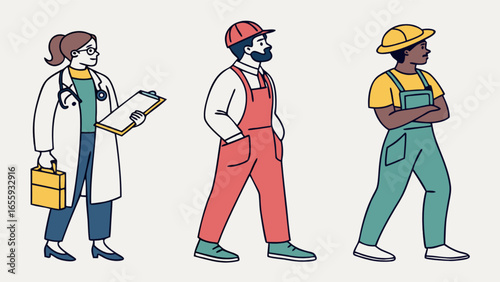 Diverse workforce representation featuring doctor construction worker and general laborer illustration