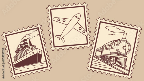 Vintage travel stamps featuring ship airplane and train for transportation history and philately collectors