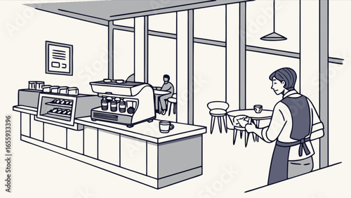 Illustration of a modern coffee shop interior with barista, customer and coffee machine for cafe design