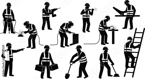 Eleven construction worker silhouettes in hard hats and safety vests performing various tasks with tools and equipment, detailed industrial vector illustration set