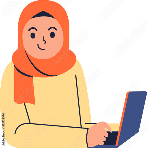 A smiling woman wearing a hijab is actively typing on a modern laptop computer, engaged in digital work or communication.