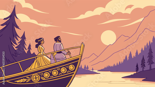 Romantic voyage scenic landscape illustration of couple on boat with mountains and sunset beautiful artwork