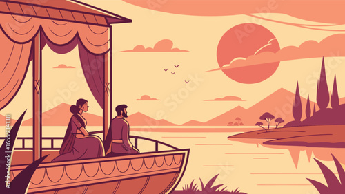 Romantic boat ride at sunset vector illustration for travel and vacation themed designs and backgrounds