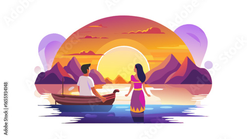 Romantic sunset boat ride vector illustration for travel vacation and couple getaway design template