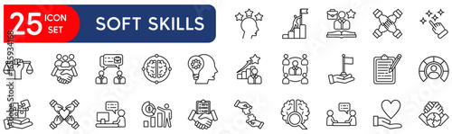 Soft skills line icon set – Includes communication, teamwork, leadership, creativity and adaptability. Editable stroke. Colored vector illustration.