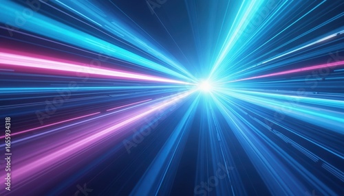Dynamic abstract background features blurred speed lines in shades of blue and purple radiating from bright central point. This illustration conveys sense of futuristic technology and rapid motion.