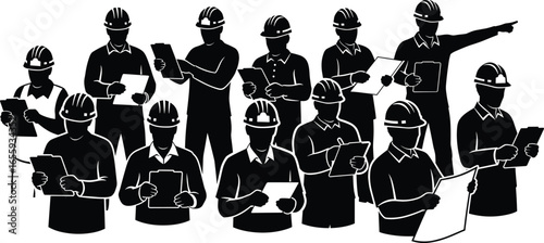 Silhouette construction team wearing hard hats holding clipboards, planning, inspecting, discussing projects, teamwork, coordination, professional industrial engineering meeting illustration set