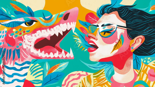 Strikingly colorful illustration of woman with glasses and red lips interacting intensely with fierce, roaring dragon-like creature set in exotic, abstract environment.