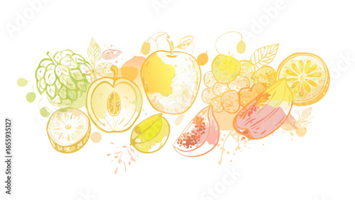 Watercolor fruit illustration featuring apple, peach, lemon, grape and other summer fruits art design