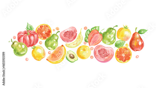 Watercolor fruit illustration featuring fresh organic fruits like pears peaches and citrus for healthy eating