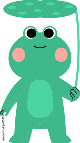A charming cartoon green frog stands upright, holding a large lotus leaf above its head as if for shelter.