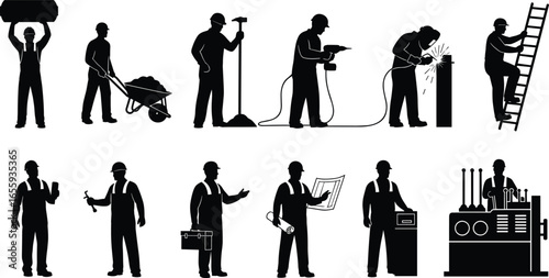 Silhouette industrial and construction workers performing diverse tasks with tools and equipment, representing multiple professions, teamwork, safety, and skilled labor roles