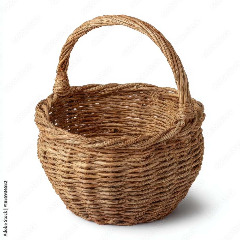 Fototapeta premium Rustic Round Wicker Basket with a Twisted Handle on White woven