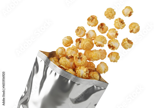 Wallpaper Mural Exploding Popcorn: A burst of delicious popcorn spills from its shiny silver pouch, showcasing its fluffy texture and golden color against a pristine backdrop, evoking feelings of joy and indulgence. Torontodigital.ca