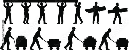 Worker silhouettes lifting beam together, individual carrying beams, and pushing loaded carts, teamwork logistics manual labor vector illustration set industrial
