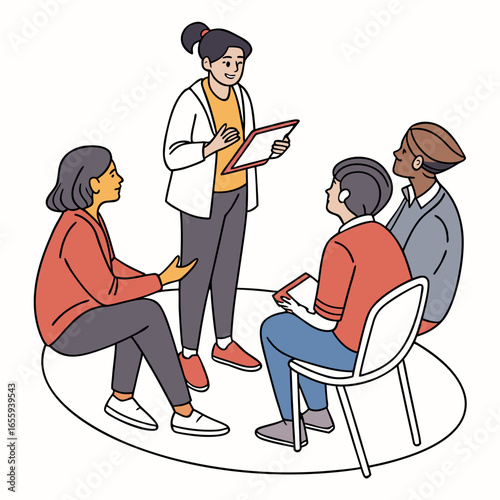 A diverse group of people participates in a therapy session, sharing their experiences and supporting each other in a circle