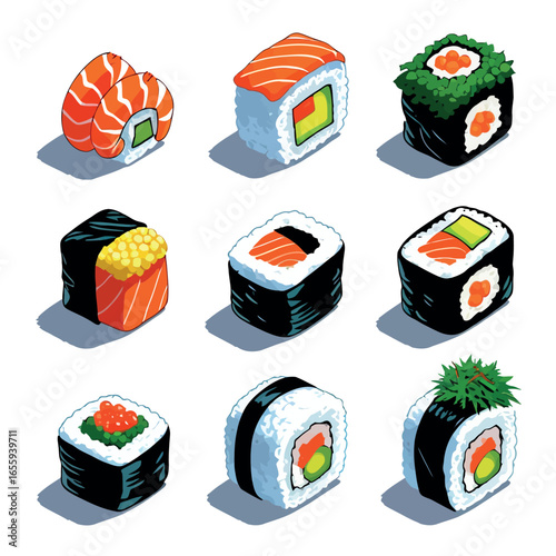 Illustration of a set of sushi rolls isolated on white background