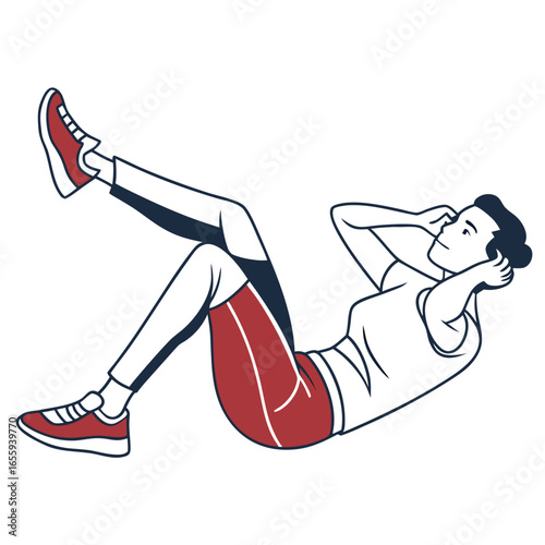 A woman is doing situps on the floor, she is wearing sportswear and has her hands behind her head