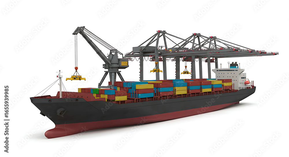 Fototapeta premium Large cargo ship being loaded with shipping containers by massive cranes at a busy port, global logistics and import/export concept