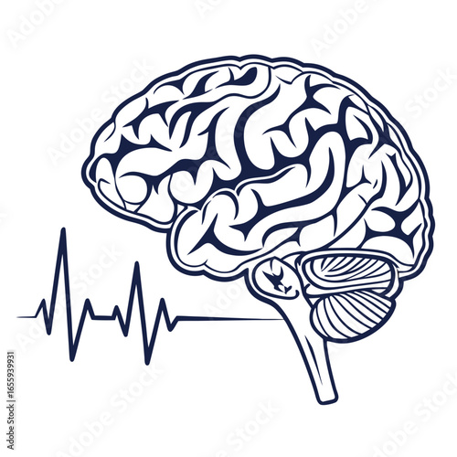 Brain with a wave signal, representing brain activity, function, and electrical impulses