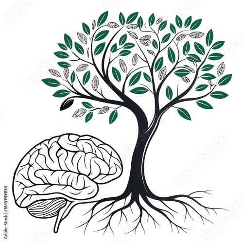 Brain and tree illustration, , representing growth, knowledge, learning, and the power of the mind