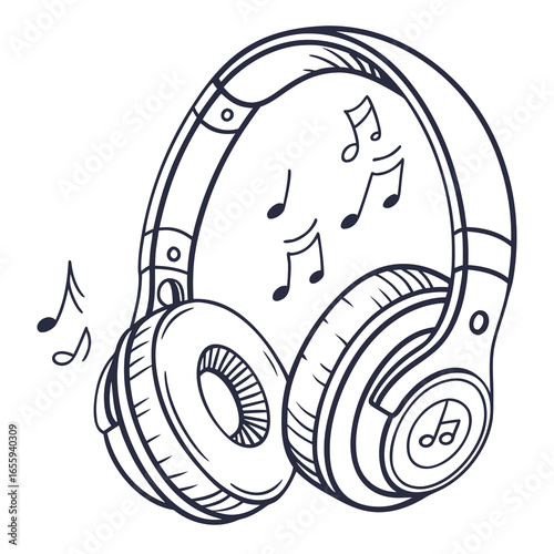 Headphones with musical notes doodle illustration for music lovers and audio enthusiasts alike