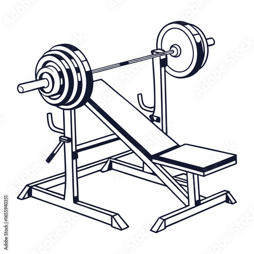 Illustration of a bench press with barbell and weights, , for strength training and bodybuilding