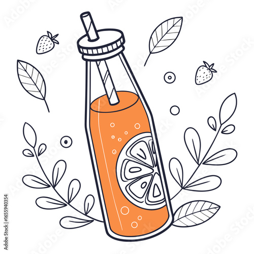 Illustration of a bottle of orange juice with a straw, surrounded by leaves and strawberries