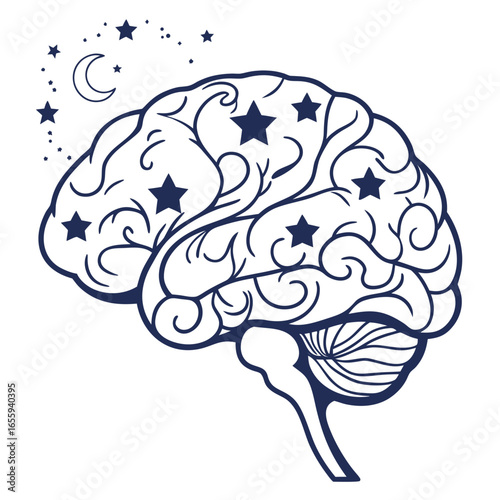 Illustration of a brain with stars and moon, symbolizing dreams, imagination, and the power of the subconscious mind