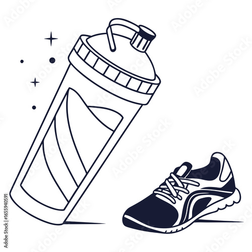 Illustration of a protein shaker bottle and a running shoe