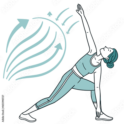 Illustration of a woman doing the triangle pose in yoga, breathing deeply