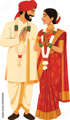 Illustration of Indian Bride and Groom at Wedding 