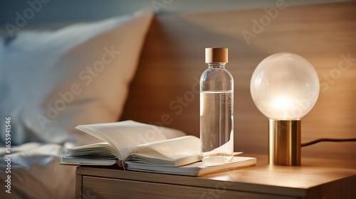Water bottle on a wooden bedside table for evening hydration
