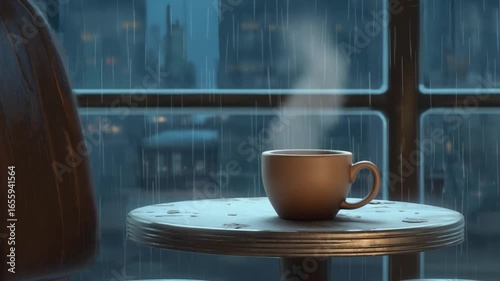 Close-up of a coffee cup on a table in a cozy setting. Ideal for morning routines, relaxing themes, or cafe scenes.